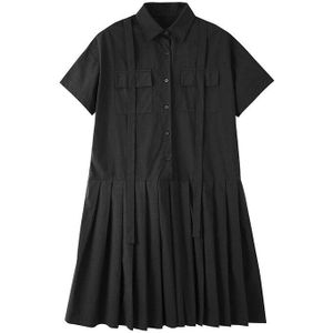 [Eam] Vrouwen Zwarte Geplooide Split Joitn Big Size Shirt Jurk Revers Korte Mouwen Loose Fit Mode Lente zomer 1U503