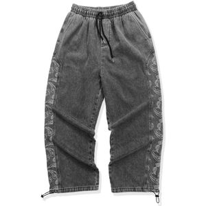 Jeans Mannen High Street Losse Amerikaanse Vintage Elastische Taille Rechte Broek Cashew Bloem Hiphop Wijde Benen Joggers