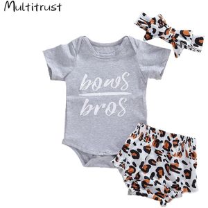 Zomer Pasgeboren Baby Jongen Meisjes Katoenen Kleding Baby Kids Brief Print Bodysuits Tops + Luipaard Shorts + Hoofdband 3 stuks Outfits