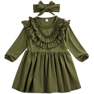 1-6T Peuter Kid Meisje Jurk Solid Ruffle Kraag Lange Seeve Jurk Outfit Zonnejurk Met hoofdband