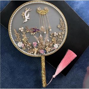 Janevini Luxe Sieraden Bridal Hand Boeketten Fan Type Kunstmatige Gouden Bloemen Parels Metalen Chinese Stijl Bruiloft Accessoires