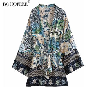 Boho Gewaden Rayon Katoen Kimono Blouse Zomer Bloemenprint Korte Cober Ups Blauwe Pauw Kimono Vrouwelijke Blusas