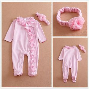0 ~ 7M Lange Mouw Pasgeboren Baby Meisjes Romper Jumpsuit Kleding Outfits Set Hoofdband Bevestigd