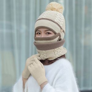 Chaozhu 4 Stuks Winter Warm Houden Sets Handschoenen Masker Hoed Sjaal Pompom Cap Vrouwen Sets Dikker Sneeuw Dag Koud en Wind Slip