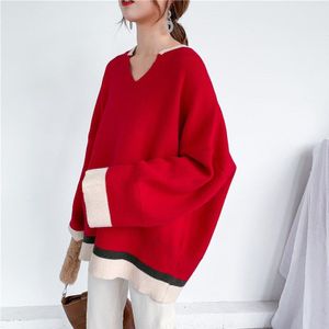 [Eam] Red Big Size Breien Trui Losse Fit V-hals Lange Mouw Vrouwen Truien Mode Tij Herfst Winter 1Y185