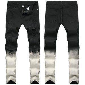 Mannen Gescheurde Jeans Zwarte Skinny Stretch Ripped Krassen Gradiënt Twee-Kleur Stiksels Hip Hop Punk Trend Straat Jeans broek