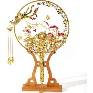 Niushuya Luxe Chinese Gouden Phoenix Bridal Fan Boeketten Klassieke Handgemaakte Metalen Ronde Hand Fan Relatiegeschenk Bruiloft Accessoires