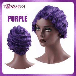 Huaya Korte Krullend Leuke Pruik Vinger Golven Afrikaanse Afro Synthetisch Haar Pruiken Voor Zwarte Vrouwen Hittebestendige Cosplay Pruik Blonde rood