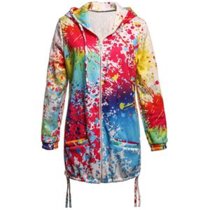 Hirigin Vrouwen Herfst Lange Mouw Dunne Capuchon Parka Pop Casual Jas Uitloper Print Rits Vest Overjas