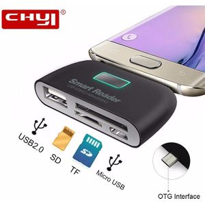CHYI - 4 in 1 OTG naar USB 2.0 - Smart Card Reader - Zwart - Micro USB poort