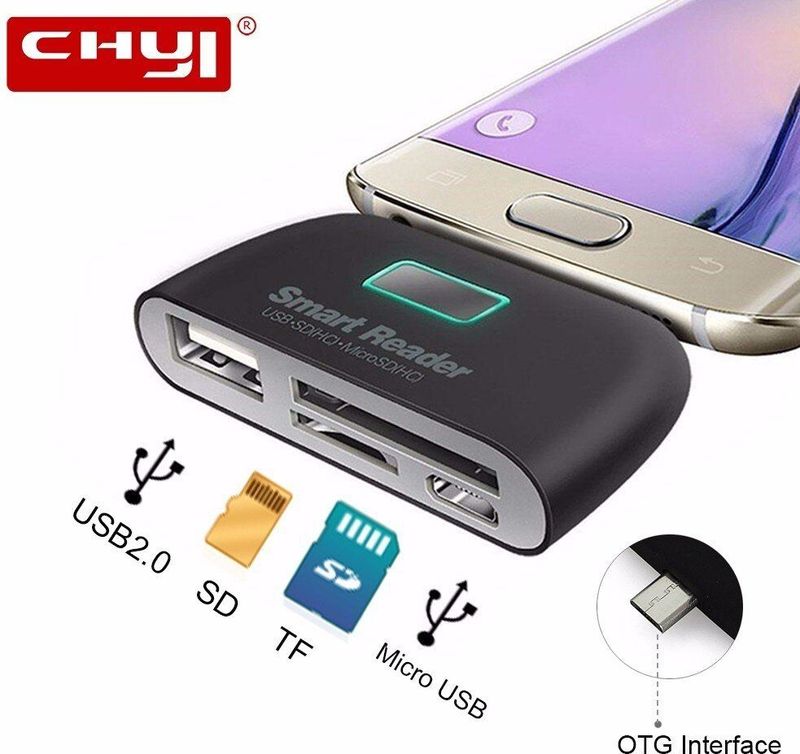 CHYI - 4 in 1 OTG naar USB 2.0 - Smart Card Reader - Zwart - Micro USB poort