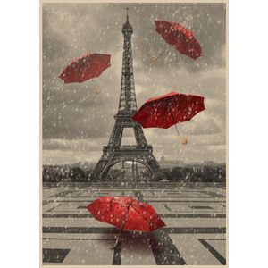 Eiffeltoren Met Rode Paraplu Op Parijs Straat Poster Kraftpapier Vintage Posters Muursticker Woonkamer Bar Cafe Decor