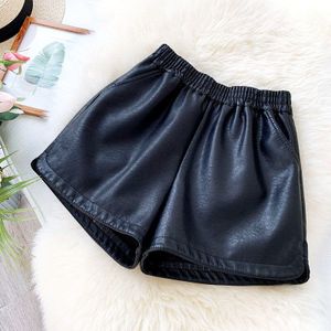 Gigogou Hoge Taille Pu Lederen Broek Vrouwen Warm Bont Wijde Pijpen Shorts Herfst Winter Casual Losse Elastische Taille Lederen Korte