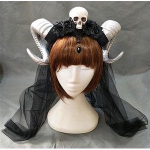 Demon Evil Gothic Lolita De Sluier Schedel Schapen Hoorn Hoofdband Haarband Accessoire Cosplay Kostuums Halloween Hoofddeksels Prop