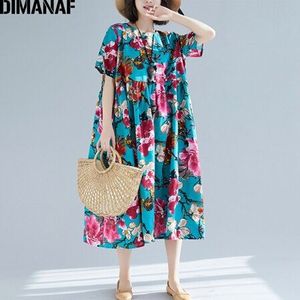 DIMANAF Plus Size Vrouwen Strand Jurk Vrouwelijke Vestidos Zomer Zonnejurk Big Size Katoen Losse Print Bloemen Lady Jurk