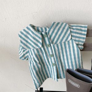 Meisjes Zomer Gestreepte Linnen Katoenen Shirts Baby Girl Revers Korte Mouw Tops