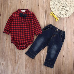 CANIS Peuter Pasgeboren Kids Baby Boy Plaid Romper Tops Jeans Denim Broek Leggings Outfits Set Kleding Formele Pak Jongens Kleding