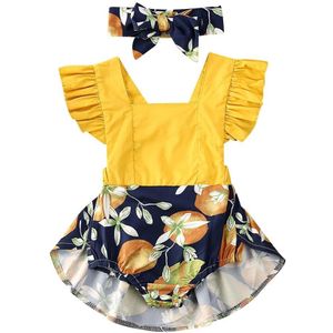 0-24M Baby Baby Meisje Lemon Print Ruffle Romper Jurk Hoofdband 2 Stuks Ruches Mouwen Bloemen Jumpsuits Outfit kleding