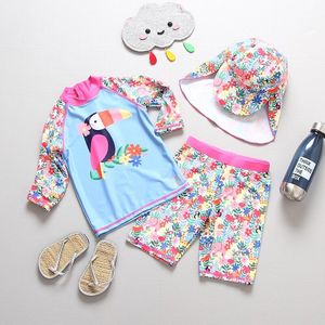 Meisjes Badmode 3 Stuk Lange Mouwen Meisjes Badpak Bloemenprint Uv 50 Mooie Peuter Meisje Bad Kleding Kinderen Zwemmen pak