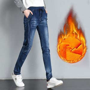 Plus Size Vrouwen Elastische Hoge Taille Fluwelen Jeans Broek Winter Kasjmier Warm Fleece Jeans Voor Vrouwelijke Lace Up Denim Broek 5XL