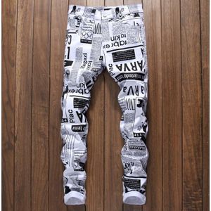 Krant Gedrukt Patroon Jeans Mannen Wit Brief Geschilderd Elastische Skinny Broek Slim Broek Maat 29-38 #5011