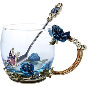 Emaille Koffie Thee Cup Mok 3D Rose Vlinder Glas Cups Huwelijkscadeau DC156