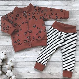 Herfst Baby Meisjes Jongens Kleding Sets Luipaard Print Lange Mouwen Rits Jas Tops Gestreepte Broek 0-3Y