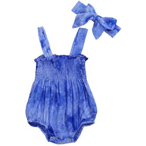 0-24M Pasgeboren Baby Baby Girl Tie Dye Patroon Sling Ruche Borst Geplooide Jumpsuit Elastische Bodysuit Hoofdband Outfit
