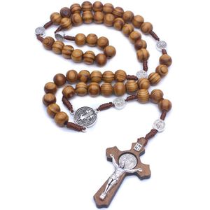 Handgemaakte Ronde Bead Katholieke Rozenkrans Kruis Religieuze Hout Kralen Mannen Ketting Charm