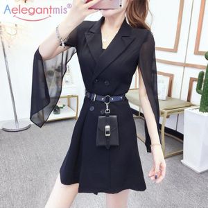 Aelegantmis Double Breasted Stijlvolle Blazer Jurk Vrouwen Zwarte Hoge Taille Slanke Chiffon Mouw Mini Korte Jurken Dames Vestidos