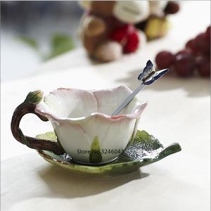 Roze roos cup keramische cup Creatieve Theekopje Set Koffie Kopje Kruidenthee Set Leuke Bruiloft Cup Schotel Lepel Combinatie