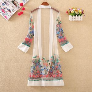 Vrouwen Bloemen Geborduurde Lange Jas Zomer Netto Vest Toevallige Lange Mouwen Dunne Jassen Dames Vintage Strand Witte Bovenkleding