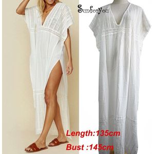 Sexy V-hals Kant Patchwork Katoen Cover-Ups Strand Jurken Verkocht Witte Vrouwen Zomer Maxi Jurk Bikini Cover up Beachwear