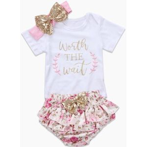 Pasgeboren Meisje Peuter Korte Mouw Bodysuit Playsuit + Kant Bloemen Shorts + Hoofdband 3 stks Outfit Set Maat 0-24 M