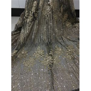 5 yard/lot afrikaanse glitter kant stof H-75 geborduurde tule kant met gelijmd glitter voor feestjurk in zwart mesh goud glitter