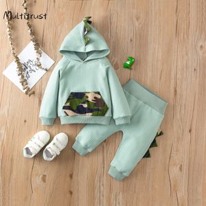 Baby Boy Kleding Broek Pak Camouflage Pocket Hooded T-shirt En Effen Kleur Elastische Lange Broek Dinosaurus Kostuum