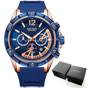 Megir Army Sport Waterdichte Quartz Horloges Voor Mannen Blauw Siliconen Stopwatch Relojios Masculinos Klok Lichtgevende 2083GBE-2