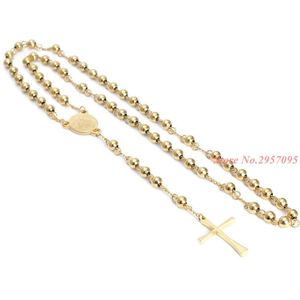 4/6/8mm Mens Chain Gold Tone Rvs Bead Chain Crown Rozenkrans Jezus Christus Kruis Hanger lange Ketting