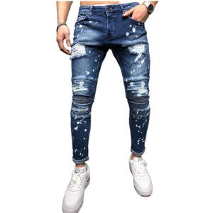 Mannen Jeans Stretch Vernietigd Ripped Verf Punt Enkel Rits Skinny Potlood Jeans Gedrapeerde Skinny Lange Broek Mannelijke