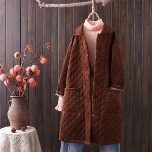 Vrouwen Katoenen Jas Lange Corduroy Katoen Windbreaker Winter Plus Size 4XL Gewatteerde Bovenkleding Zwart Single-breasted Warm Overjas