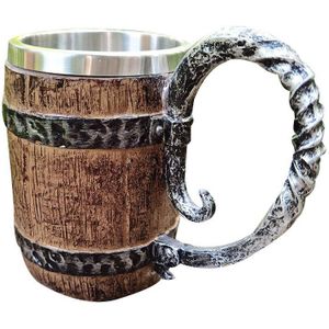 Houten Bier Mok Retro Simulatie Houten Vat Dubbele Laag Roestvrij Staal Bier Kopje Koffie Mok Handgemaakte Bier Mok D6