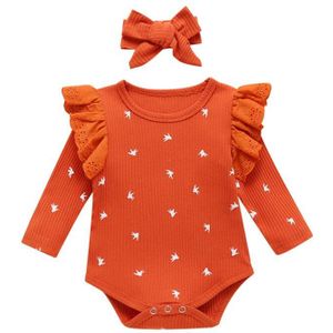 Lente Herfst Baby Romper, baby Ronde Hals Lange Mouw Kant Bodysuit En Hoofddeksels Twee Stuk Pak Voor Peuter Jongens Meisjes