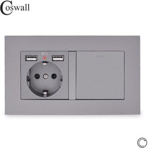 Coswall Eu Rusland Spanje Stopcontact Met 2 Usb Lading Poort + 1 Gang Reset Momentary Contact Drukknop Licht switch Pc Panel