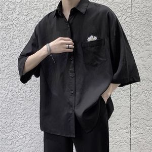 Korte Mouwen Heren Zomer Daisy Borduren Gothic Zwart Shirt Losse Grunge Hong Kong Stijl Japan Hip Hop knappe Blouse