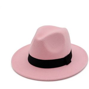 Hoaree Roze Fedora Hoed Vintage Panama Hoed Vrouwen Wol Trilby Jazz Hoed Dames Brede Rand Chapeau Vrouwelijke Herfst Winter Vilt hoed