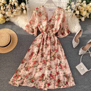 YuooMuoo Women Chiffon Dress Summer Flower Drawstring Flare Sleeve Dress Ladies Bohemian High Waist Midi Dress