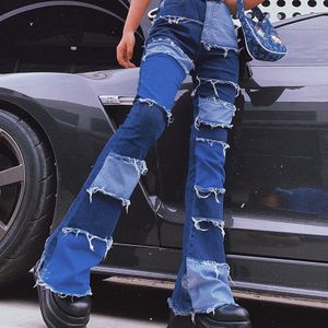 Flexibele Hoge Taille Jeans Vrouwen Casual Lange Trouses Dames Patchwork Mode Denim Broek Capri Pocket Streetwear KZ720