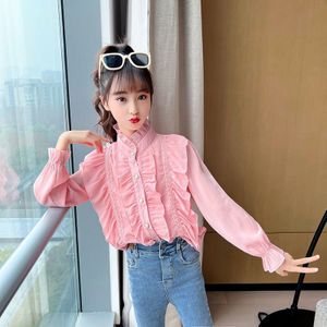 Girls Shirts Korean Ruffle Lace Chiffon Shirt Sweet Chic Long Puff Sleeve Big Kids Blouse White Pink Tops Clothes Blusas
