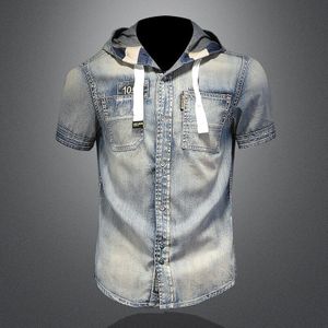 Mens Denim Shirts Korte Mouw Luxe Casual Slim Fit Jeans Gewassen Shirt Met Hoed Mode Print Tops Shirt