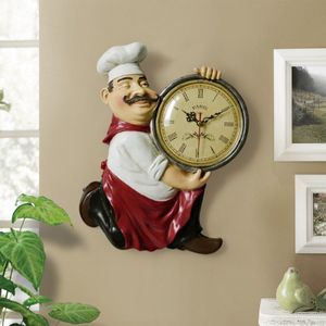 Vintage Wandklok Home Decoratie Hars Chef Standbeeld Horloge Stille Quartz Klok Woonkamer Keuken Wanddecoratie Wandklok
